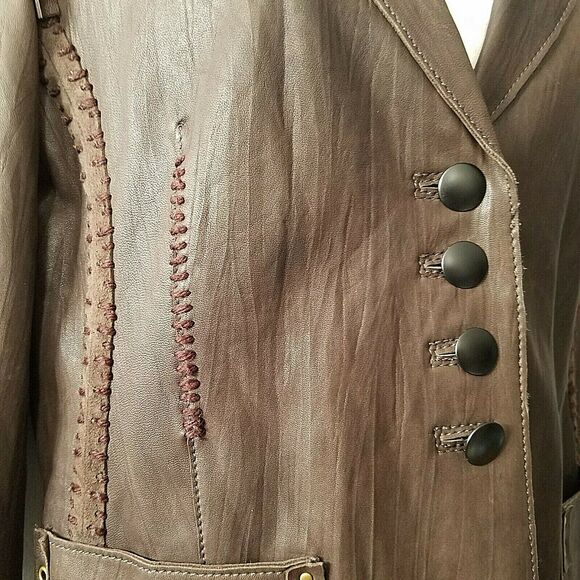 Rizal Womens  Leather Jacket brown collar button down pockets sz 2-4 S - Picture 3 of 10